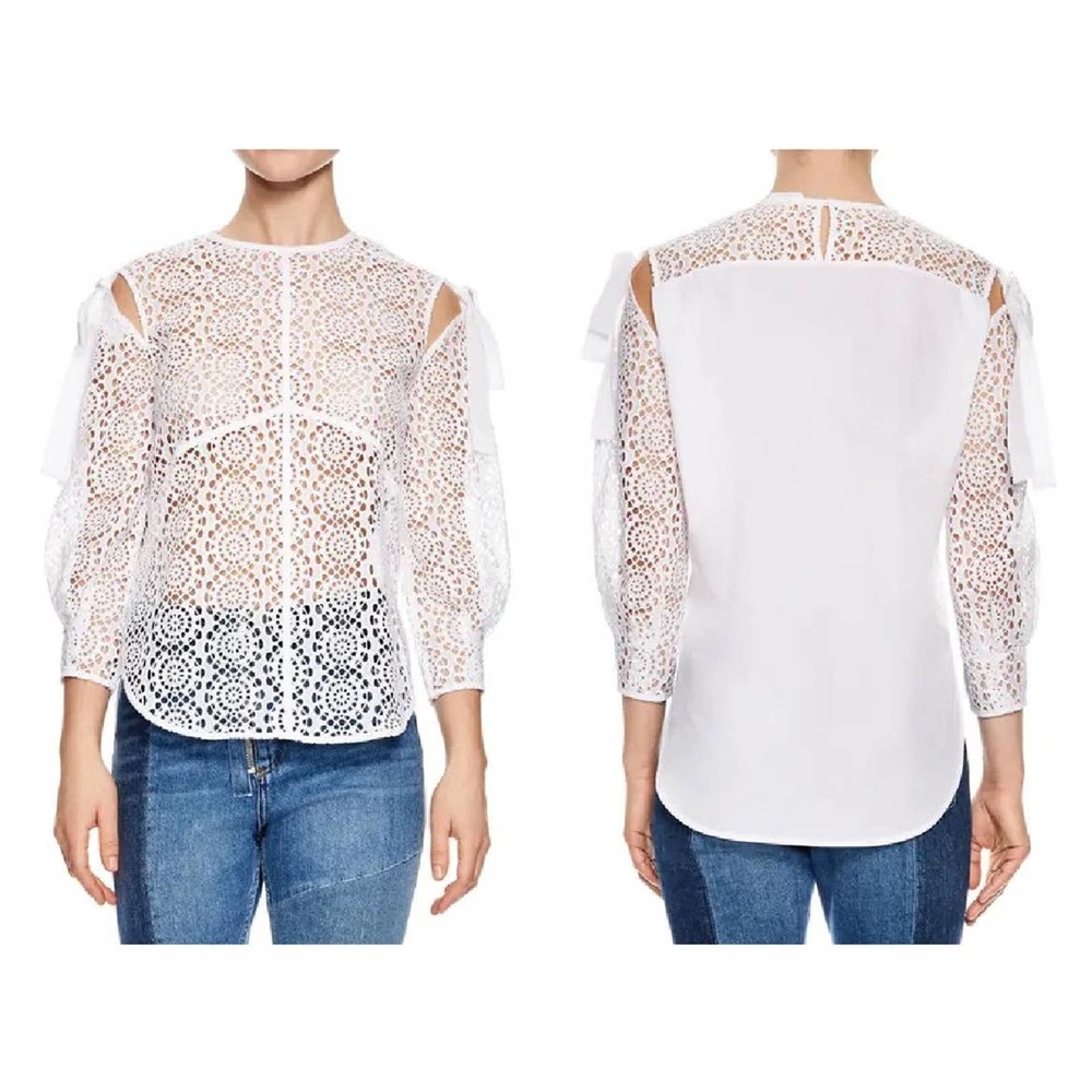 SANDRO Top Blanc Sheer Lace Jewel Neck See Through Open Shoulder White Small